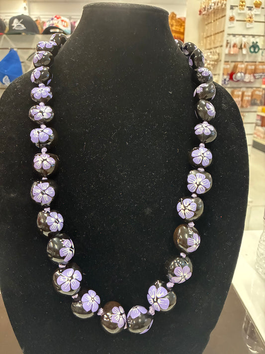 Kukui Nut Necklace 24” | Black with Purple Flowers (KKNNBPF24)