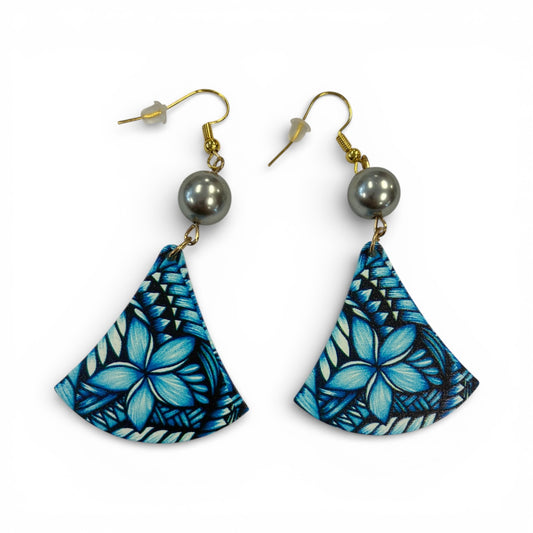 Blue Plumeria Fan Earrings with Tahitian Pearl Accent (Light Blue AOLED001)