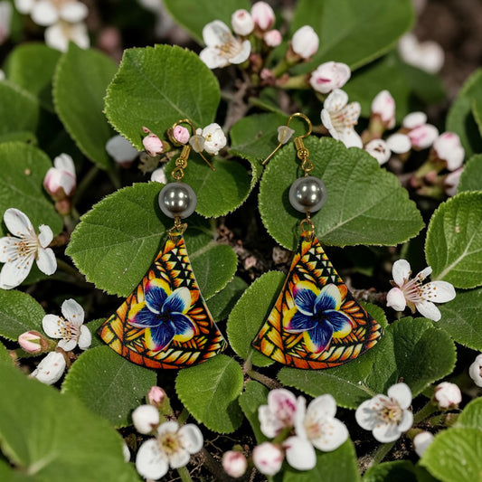 Tropical Sunset Plumeria Fan Earrings with Pearl Accent (Orange Blue AOLED003)