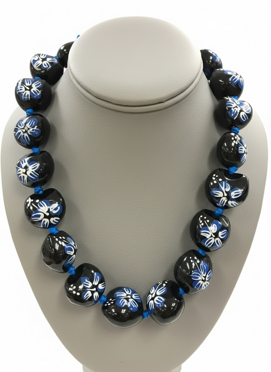 Kukui Chocker Necklace Dark Blue Flower 16" (KKCHNDBFL03)